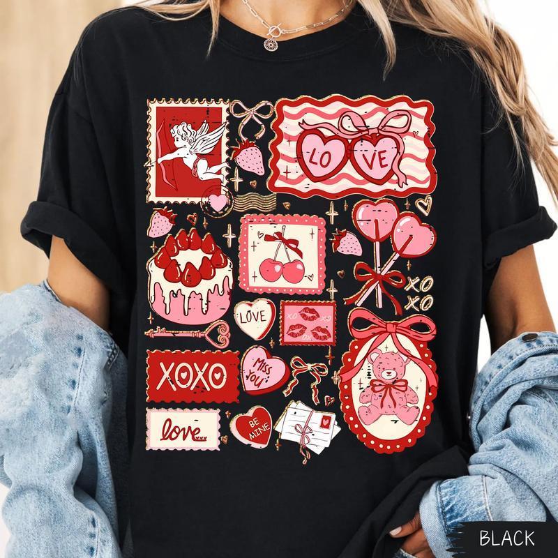 Retro Doodles Valentine Be Mine Love XOXO Heart Cupid Lover Shirt, Preppy Bow Sweetheart Cake Teddy Bear Valentines Day Girly Graphic Tee