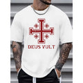 Men'S Summer Casual T-Shirt with Red Cross Print - "Deus Vult" Design, Round Neck, Short Sleeve, Lightweight Polyester, Fashionable Streetwear, Christian Faith Apparel | Casual Style Tee | Knit Construction