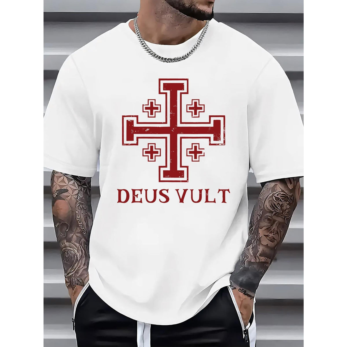 Men'S Summer Casual T-Shirt with Red Cross Print - "Deus Vult" Design, Round Neck, Short Sleeve, Lightweight Polyester, Fashionable Streetwear, Christian Faith Apparel | Casual Style Tee | Knit Construction