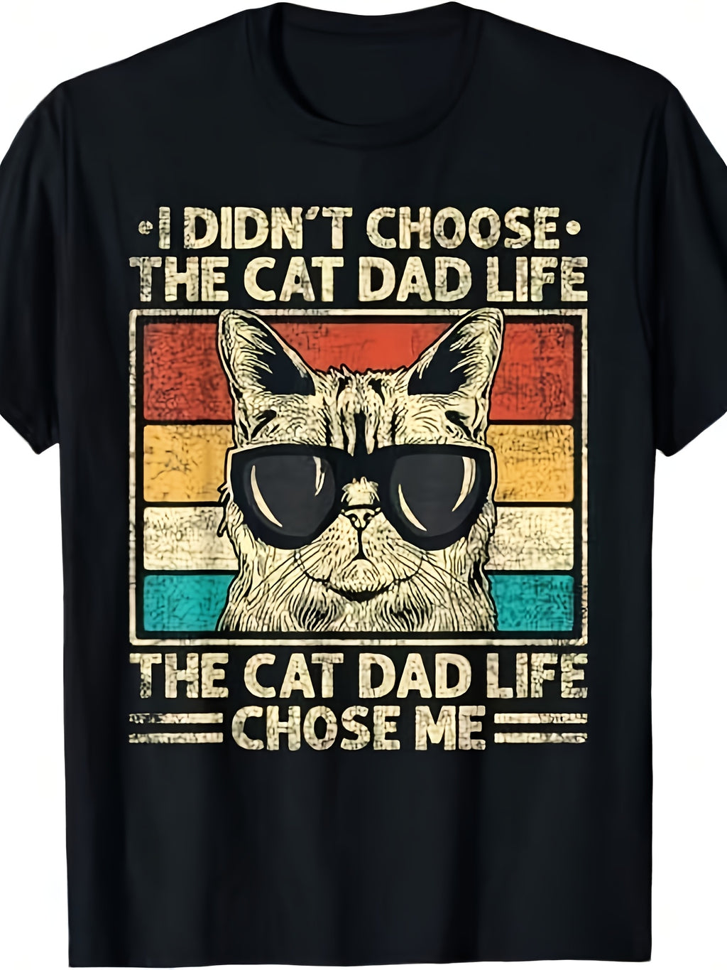 Men's Retro Cat Dad Graphic T-Shirt, I Didn’t Choose The Cat Dad Life Print Short Sleeve Tee, Funny Cat Daddy Casual Daily Top
