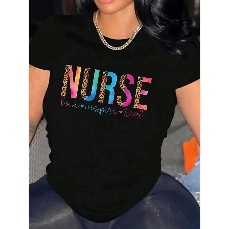 Women'S Nursing-Themed Casual T-Shirt - -Themed Lettering with Leopard Print & Stethoscope Design, Lightweight Breathable Fabric for Spring Summer Fall, Work & Casual Attire, Nurse Apparel Gift for Healthcare Professionals