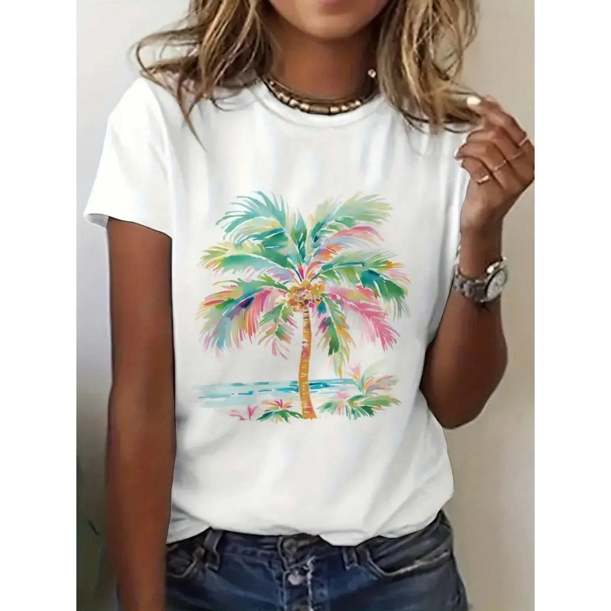 Women's Colorful Palm Tree Pattern T-Shirt - Casual White Tropical Design T-Shirt