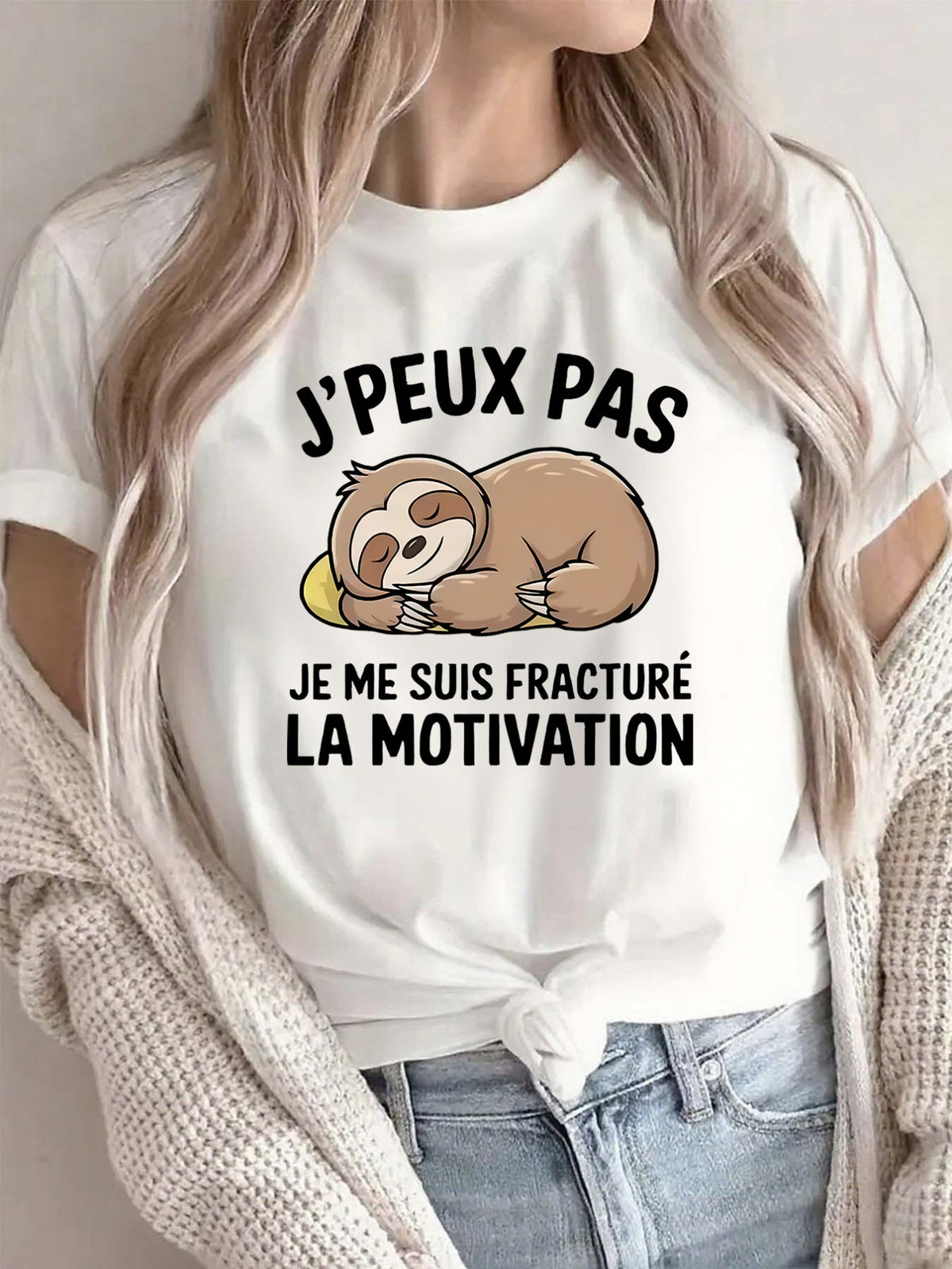 Sloth French Print Short Sleeve Tee Soft Crew Neck Home Cafe Top