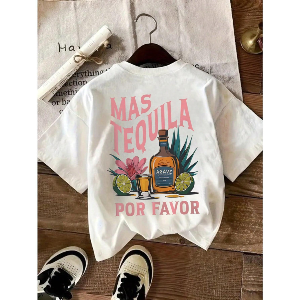 Glissea Tequila Cocktail Margarita Glassware Lemon Flower Leaf Letter Print Round Neck Casual Plus Size Women T-Shirt, Spring/Summer