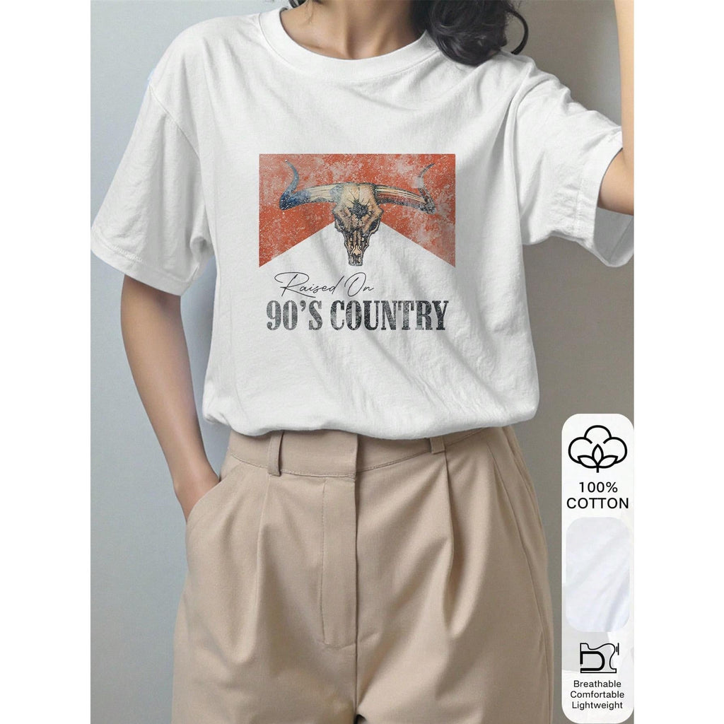 90s Country Style & Bull Head Print 100% Cotton Short Sleeve T-Shirt For Women, Summer Tee, Graphic Tee, Casual Summer Outfit, Cotton T-Shirt, Summer Top