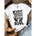 'Music Soothes My Soul' Headset Graphic Tees Letter Slogan T-Shirt, Round Neck Short Sleeved Women Tops