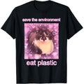 Men's Round Neck Short-Sleeve T-Shirt, Casual Streetwear Top with "Save The Environment Eat Plastic" Funny Cat Meme Print, Menswear Tshirt