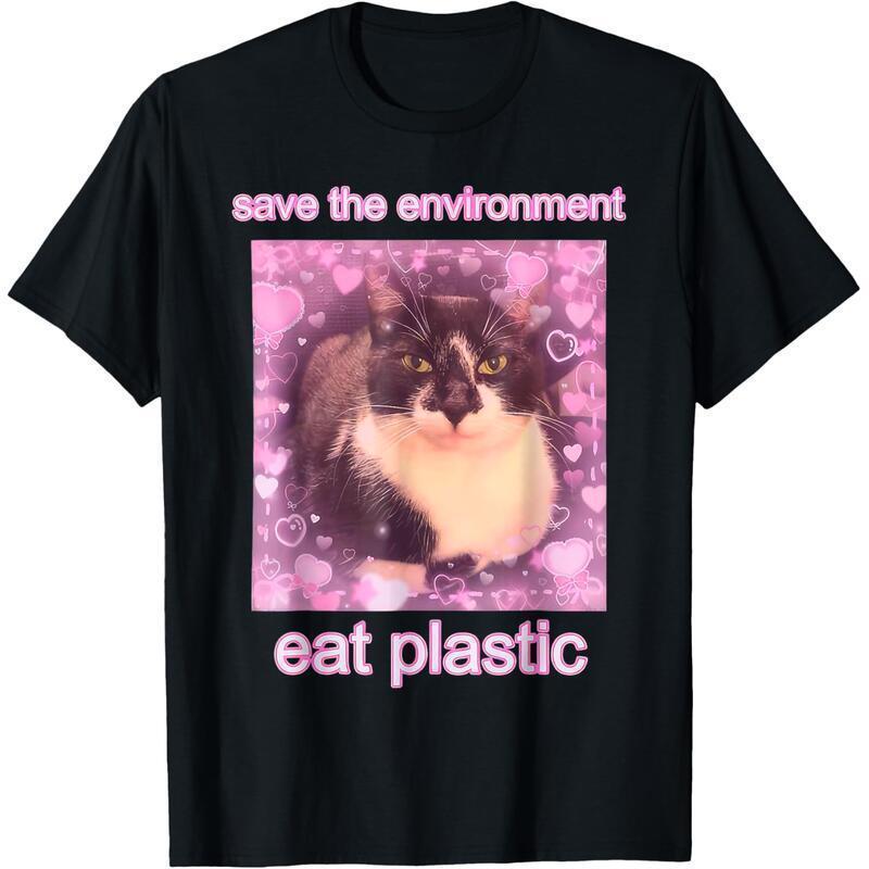 Men's Round Neck Short-Sleeve T-Shirt, Casual Streetwear Top with "Save The Environment Eat Plastic" Funny Cat Meme Print, Menswear Tshirt
