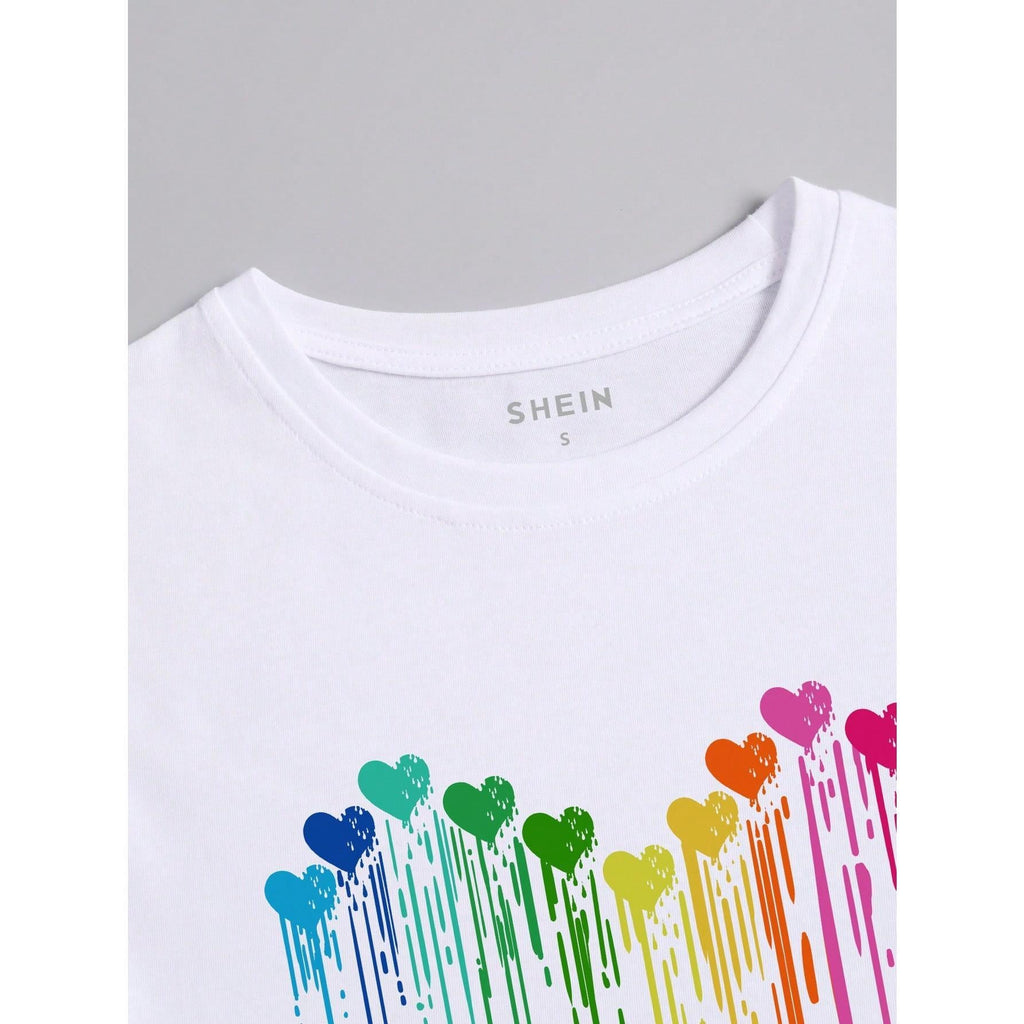 Women's Black Heart Pattern Regular Crew Neck Cotton Short Sleeve Top, Valentine's Day Gift