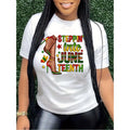 Women'S Casual 'Stepin' Into Juneteenth' Pattern T-Shirt- Short Sleeve, Round Neck, White with Colorful Letters and Boots Design, Machine Washable, Spring Summer Fashion Top, Women'S T-Shirt