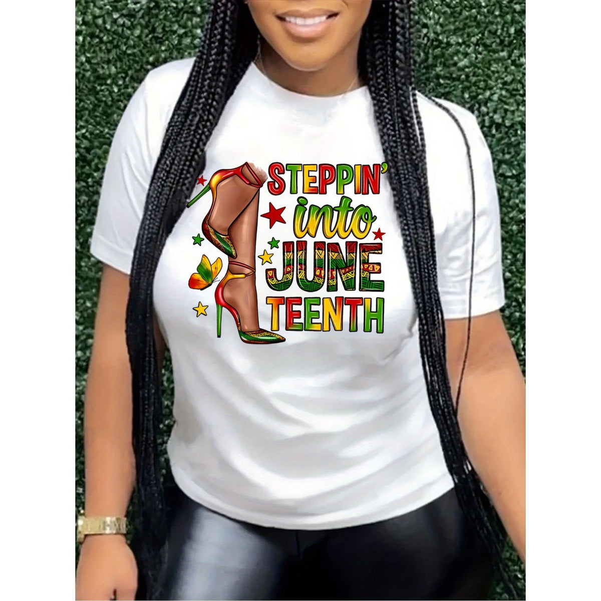 Women'S Casual 'Stepin' Into Juneteenth' Pattern T-Shirt- Short Sleeve, Round Neck, White with Colorful Letters and Boots Design, Machine Washable, Spring Summer Fashion Top, Women'S T-Shirt