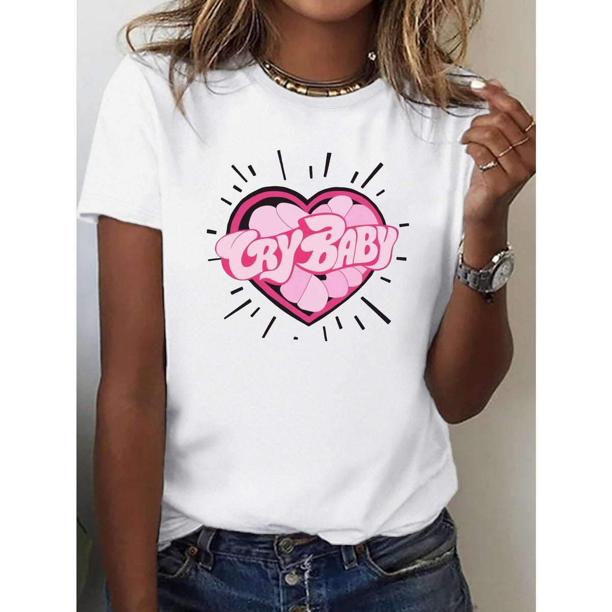Women's Oversized Cotton T-Shirt with Crying Heart 'CRY' Graphic, Comfortable Short Sleeve Round Neck Casual Style Top