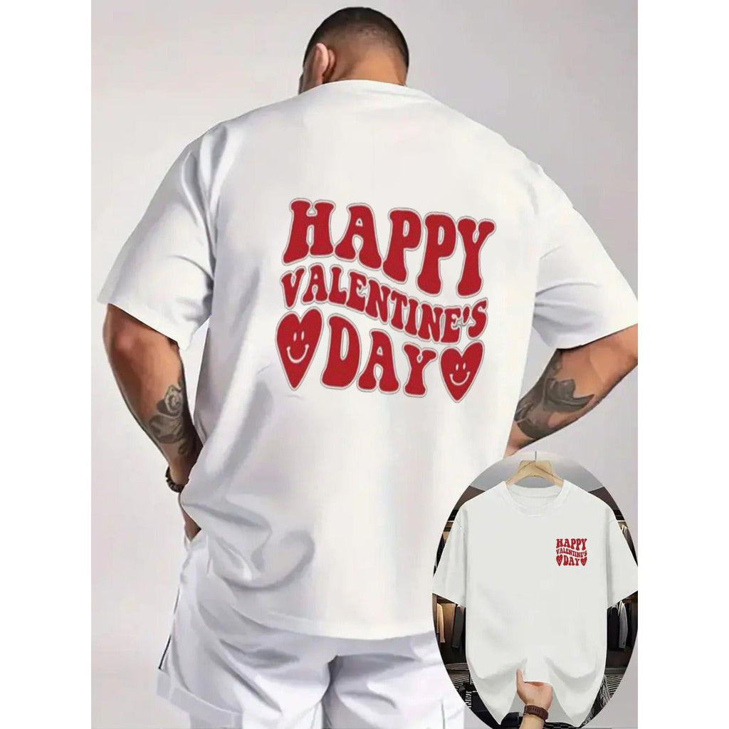 Black Crew Neck Short Sleeve Tee with Red Text & Heart Designs on Back/Left Chest, Casual Tattoo-Friendly, Light Gray Background - Perfect for Valentine'S Day Gift, Beach Wear with White Shorts
