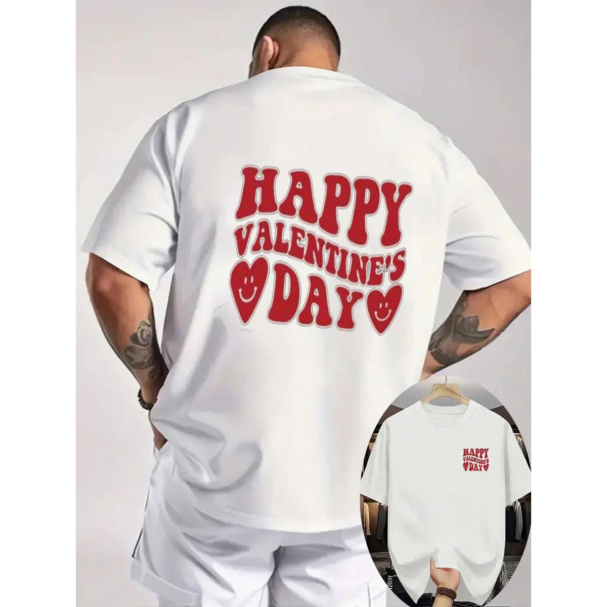 Black Crew Neck Short Sleeve Tee with Red Text & Heart Designs on Back/Left Chest, Casual Tattoo-Friendly, Light Gray Background - Perfect for Valentine'S Day Gift, Beach Wear with White Shorts