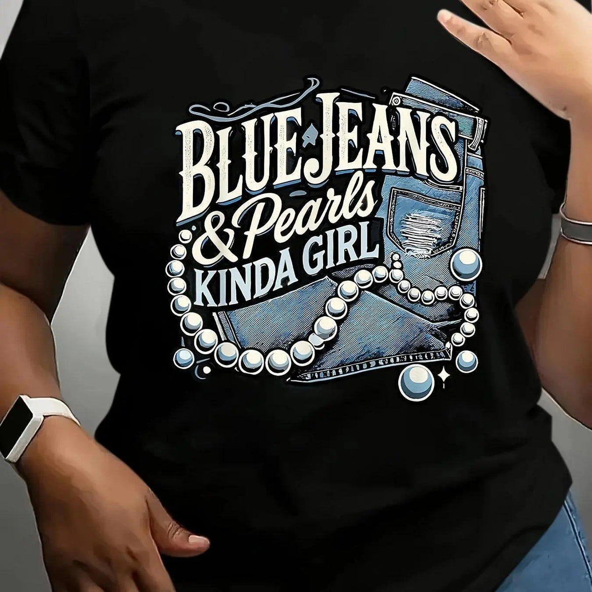 Blue Jeans & Pearls Graphic T-Shirt - Cotton Casual Short Sleeve Round Neck Top with Geometric Design for Spring/Summer Daily Wear,  Relaxed Fit Shirt, Durable Casualwear Streetwear Womenswear Tshirt Crewneck Fitted Shortsleeve tshirt  rule