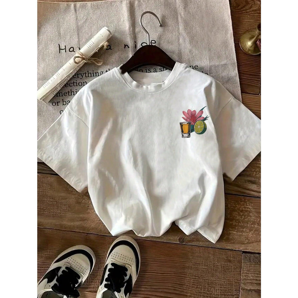 Glissea Tequila Cocktail Margarita Glassware Lemon Flower Leaf Letter Print Round Neck Casual Plus Size Women T-Shirt, Spring/Summer