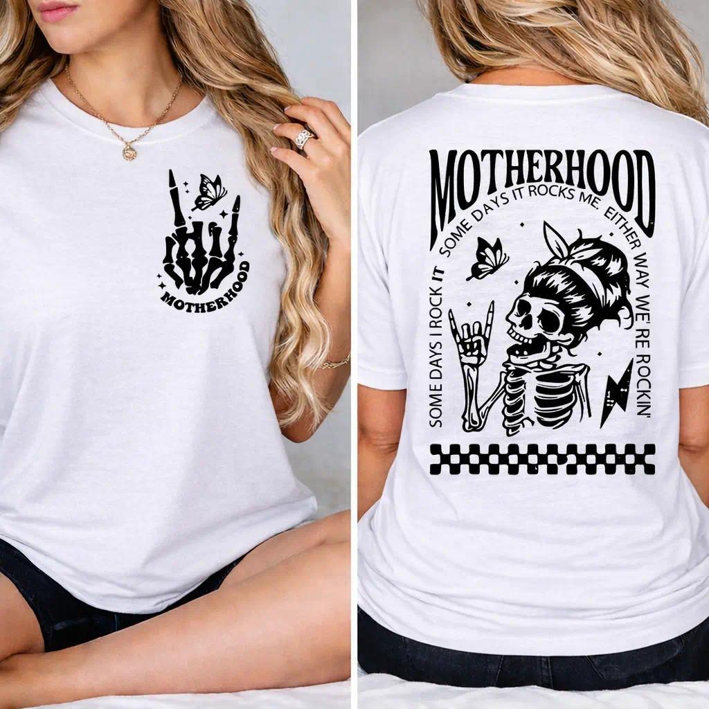 "Motherhood: Sometimes I Rock It, Sometimes It Rocks Me" shirt – a perfect unisex cotton tee for moms, great for Mother's Day!