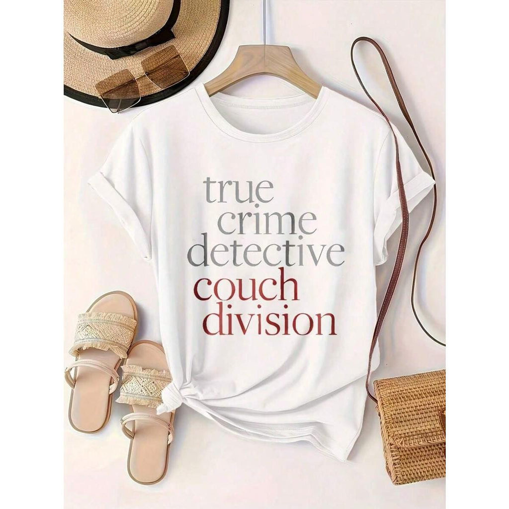 True Crime Detective Couch Division Printed T-Shirt | Women's Casual Black Tee | Short Sleeve for All Seasons