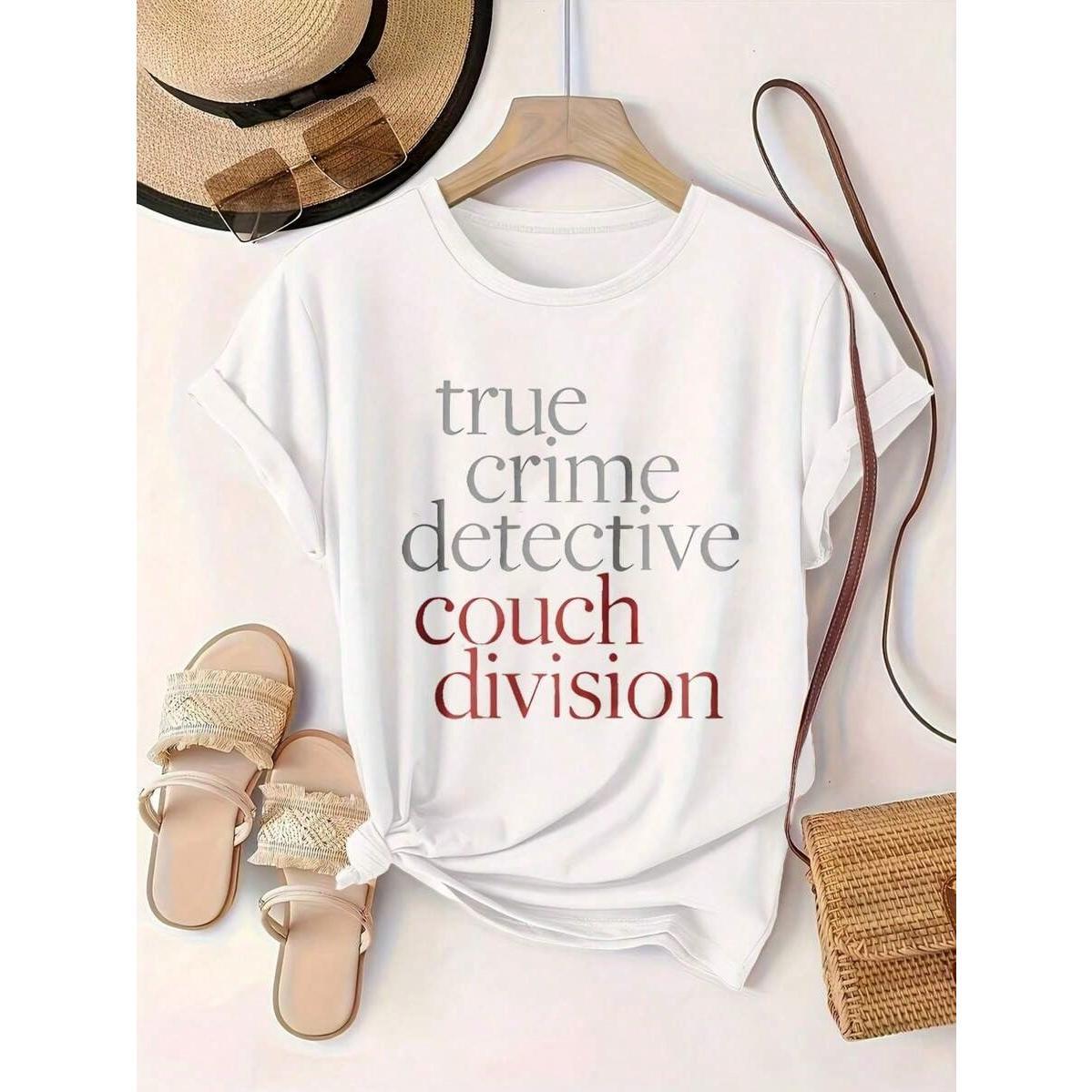 True Crime Detective Couch Division Printed T-Shirt | Women's Casual Black Tee | Short Sleeve for All Seasons