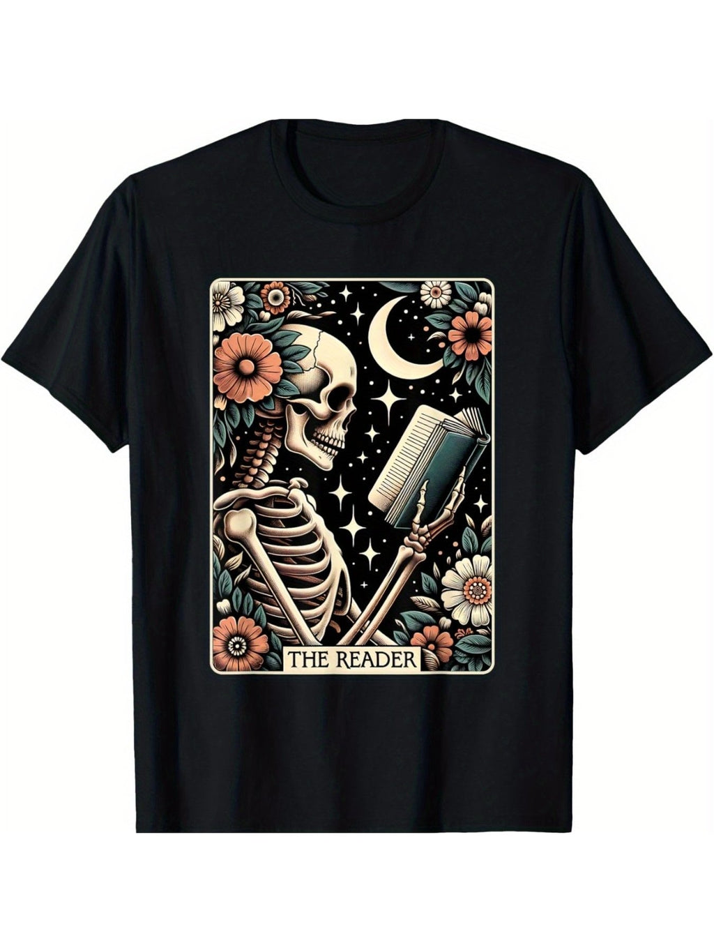 Unisex Retro The Reader Tarot Card T-Shirt, Skeleton Bookish Graphic Short Sleeve Crew Neck Tee, Floral Moon Casual Fall Halloween Top