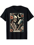 Unisex Retro The Reader Tarot Card T-Shirt, Skeleton Bookish Graphic Short Sleeve Crew Neck Tee, Floral Moon Casual Fall Halloween Top