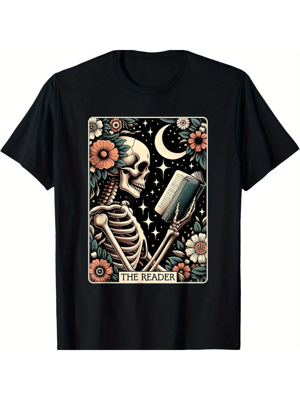 Unisex Retro The Reader Tarot Card T-Shirt, Skeleton Bookish Graphic Short Sleeve Crew Neck Tee, Floral Moon Casual Fall Halloween Top