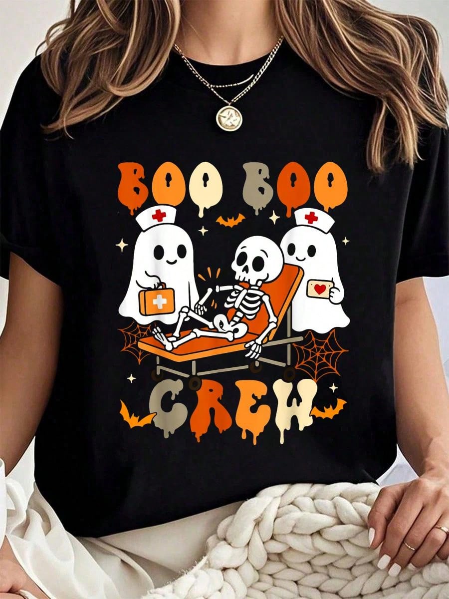 Womens Boo Boo Crew Halloween Nurse Graphic Tee, Ghost Skeleton Nursing Print Short Sleeve Casual T-Shirt for Nurse Party Outfit