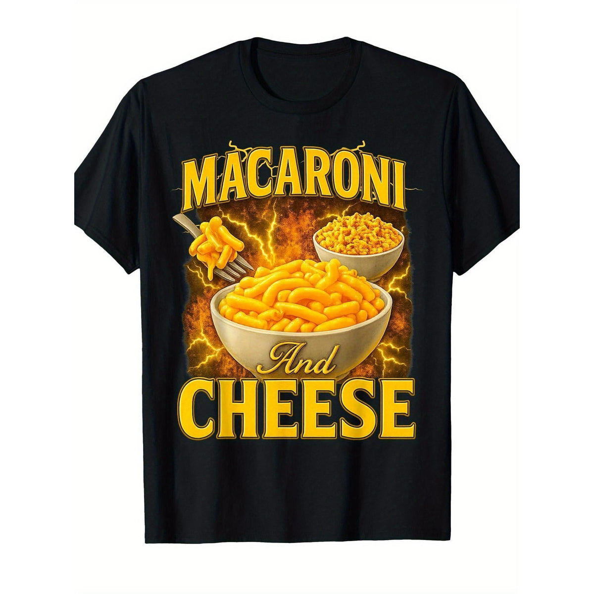 Men's 90s Retro Macaroni & Cheese Meme T-Shirt - Vintage Pasta & Cheese Graphic Print with Yellow Lettering, Funny Foodie Gift for Adults, Casual Fit for Pasta Lovers