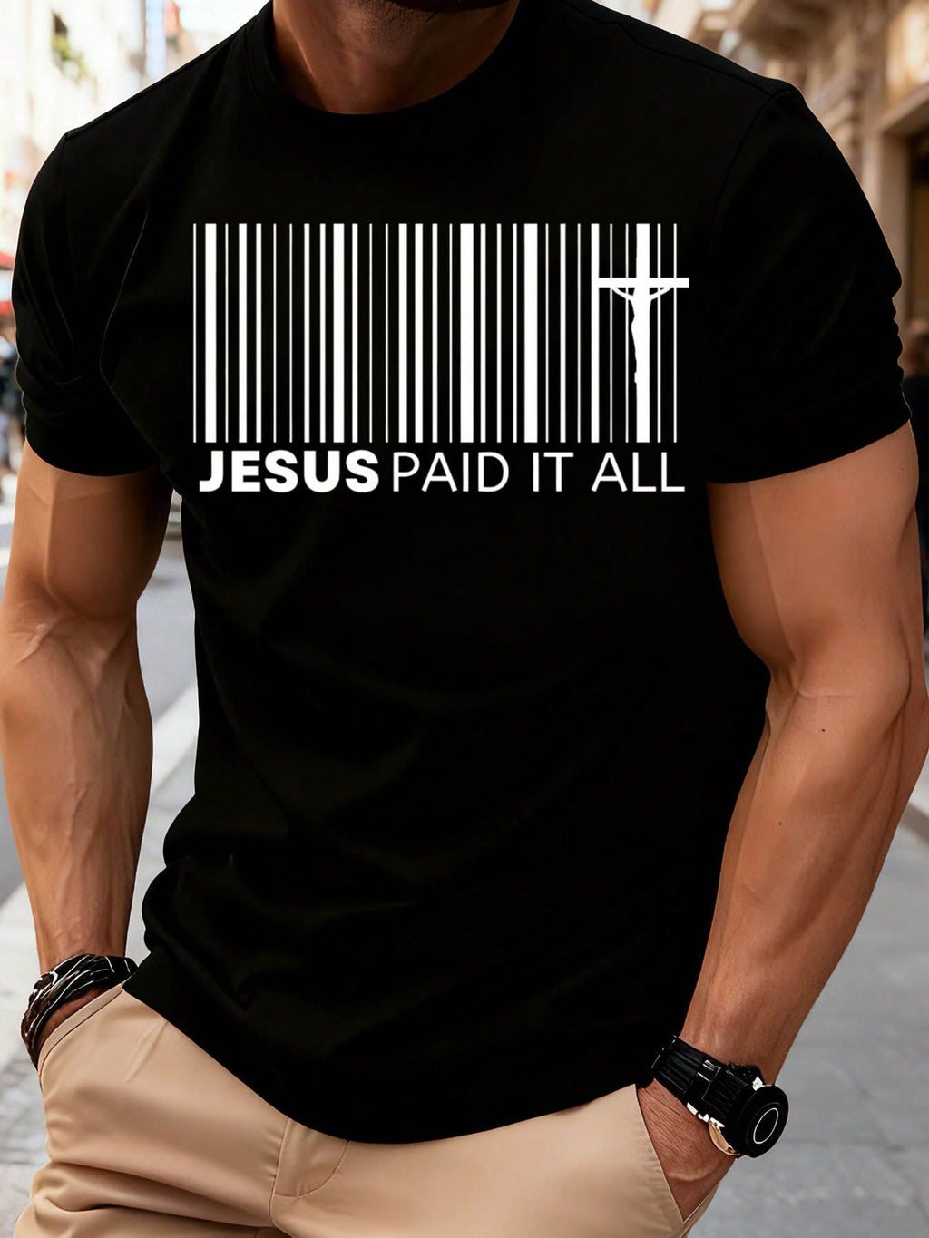 Men Jesus Paid It All Barcode Christian T-Shirt Religious Faith Statement Tee Church Wear Gospel Message Shirt Spiritual Gift For Him,220g