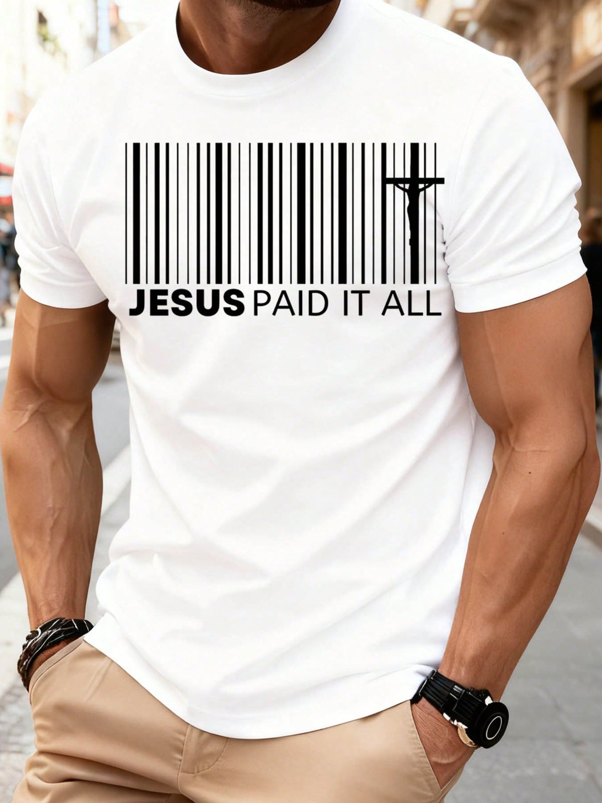 Men Jesus Paid It All Barcode Christian T-Shirt Religious Faith Statement Tee Church Wear Gospel Message Shirt Spiritual Gift For Him,220g
