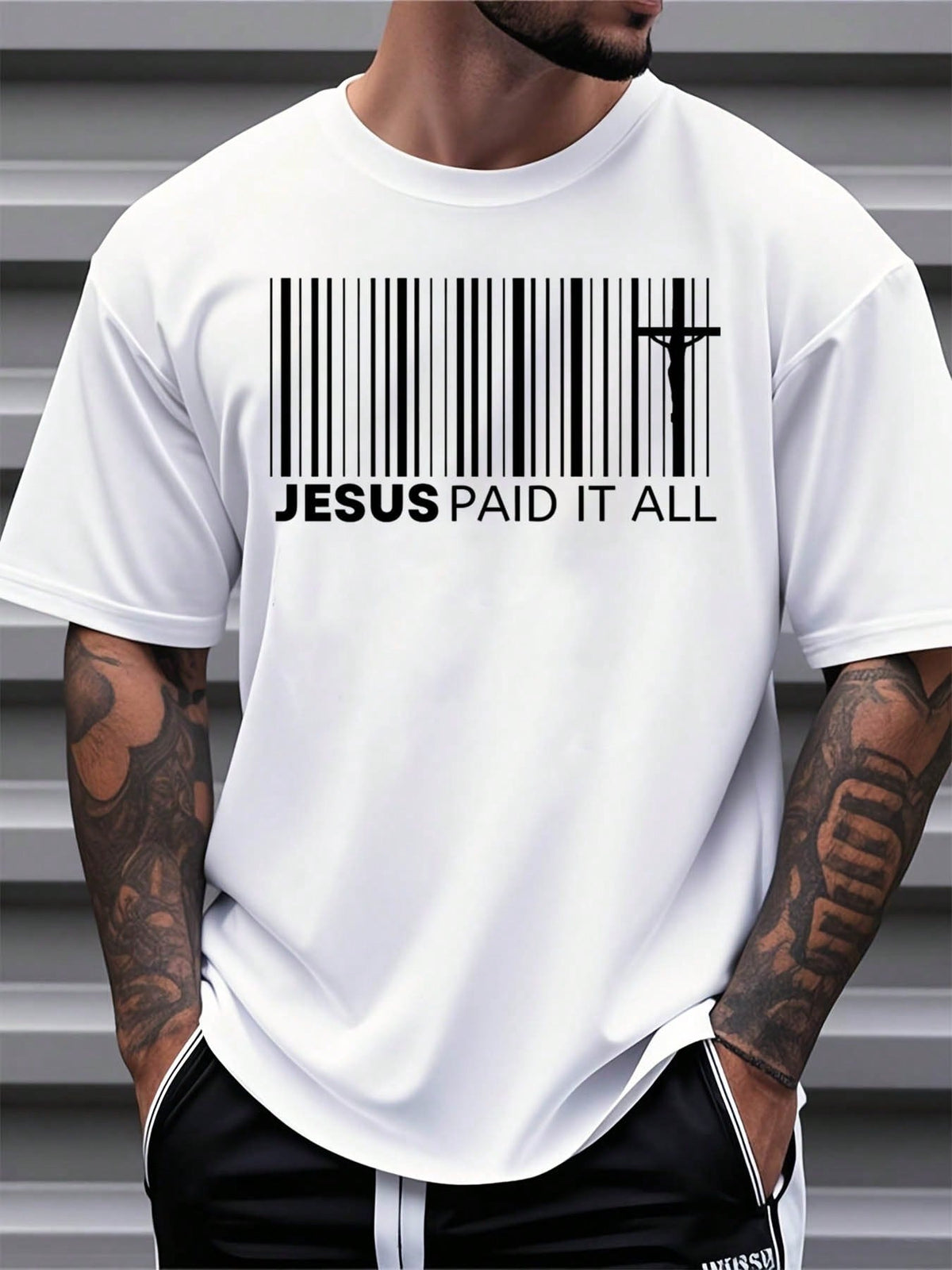 Men Jesus Paid It All Barcode Christian T-Shirt Religious Faith Statement Tee Church Wear Gospel Message Shirt Spiritual Gift For Him,220g