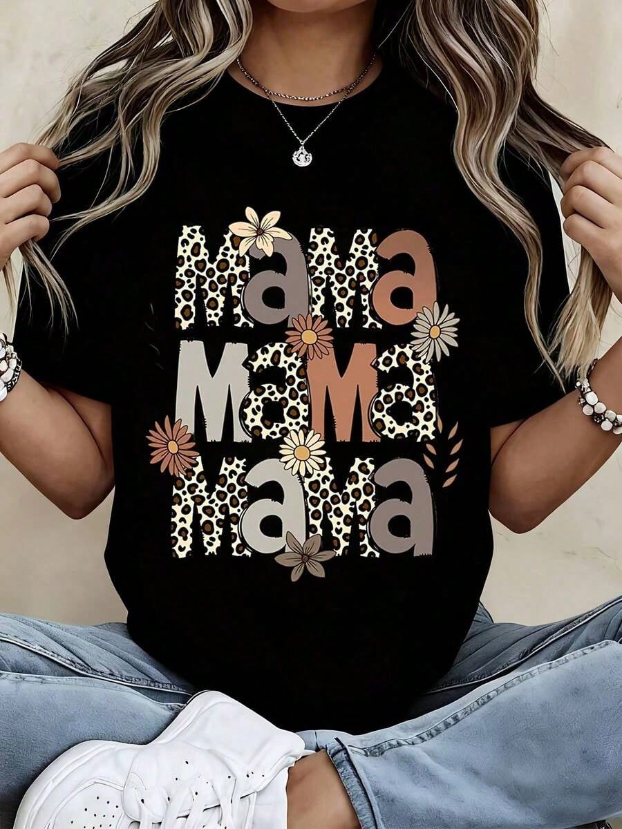 Womens Boho Mama Graphic Tee, Stacked Leopard Floral Mama Print Short Sleeve T-Shirt, Casual Mother's Day Top