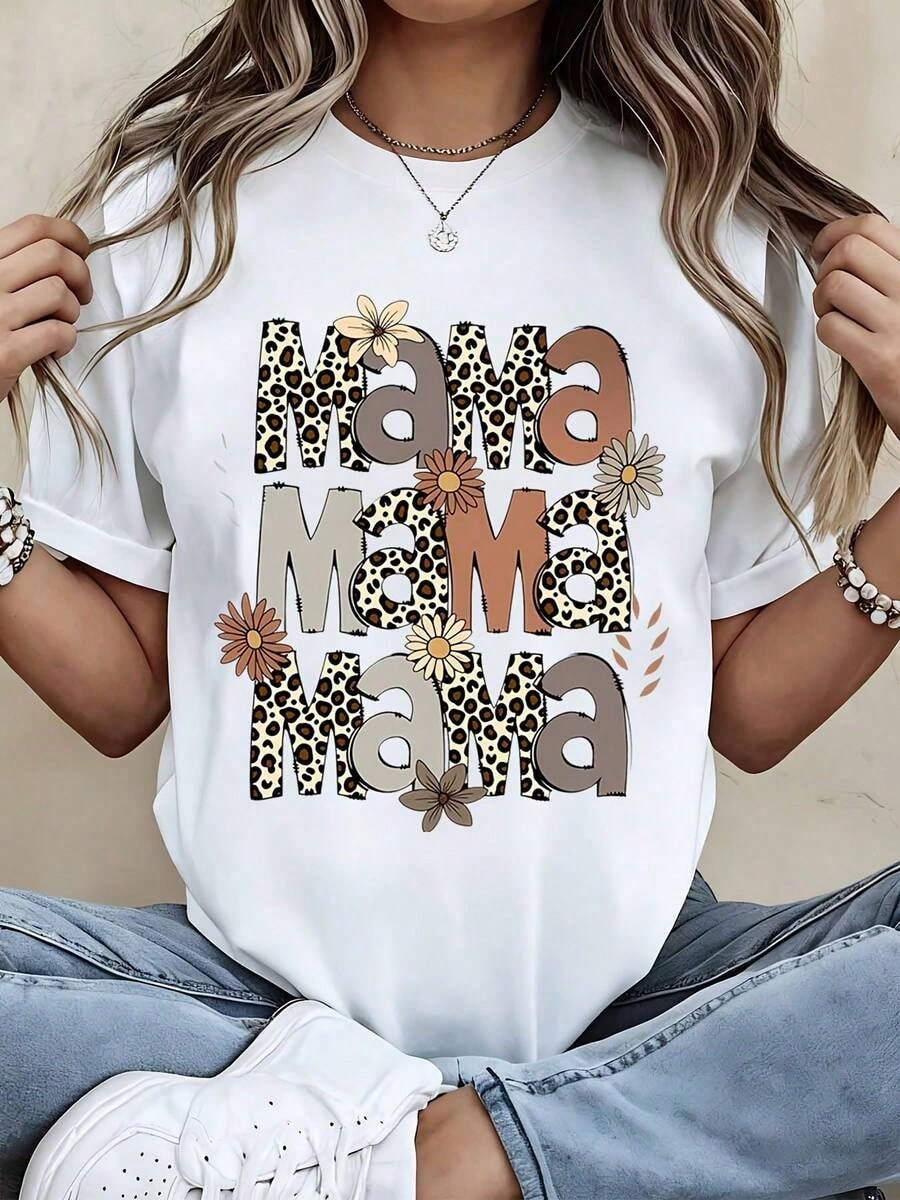 Womens Boho Mama Graphic Tee, Stacked Leopard Floral Mama Print Short Sleeve T-Shirt, Casual Mother's Day Top