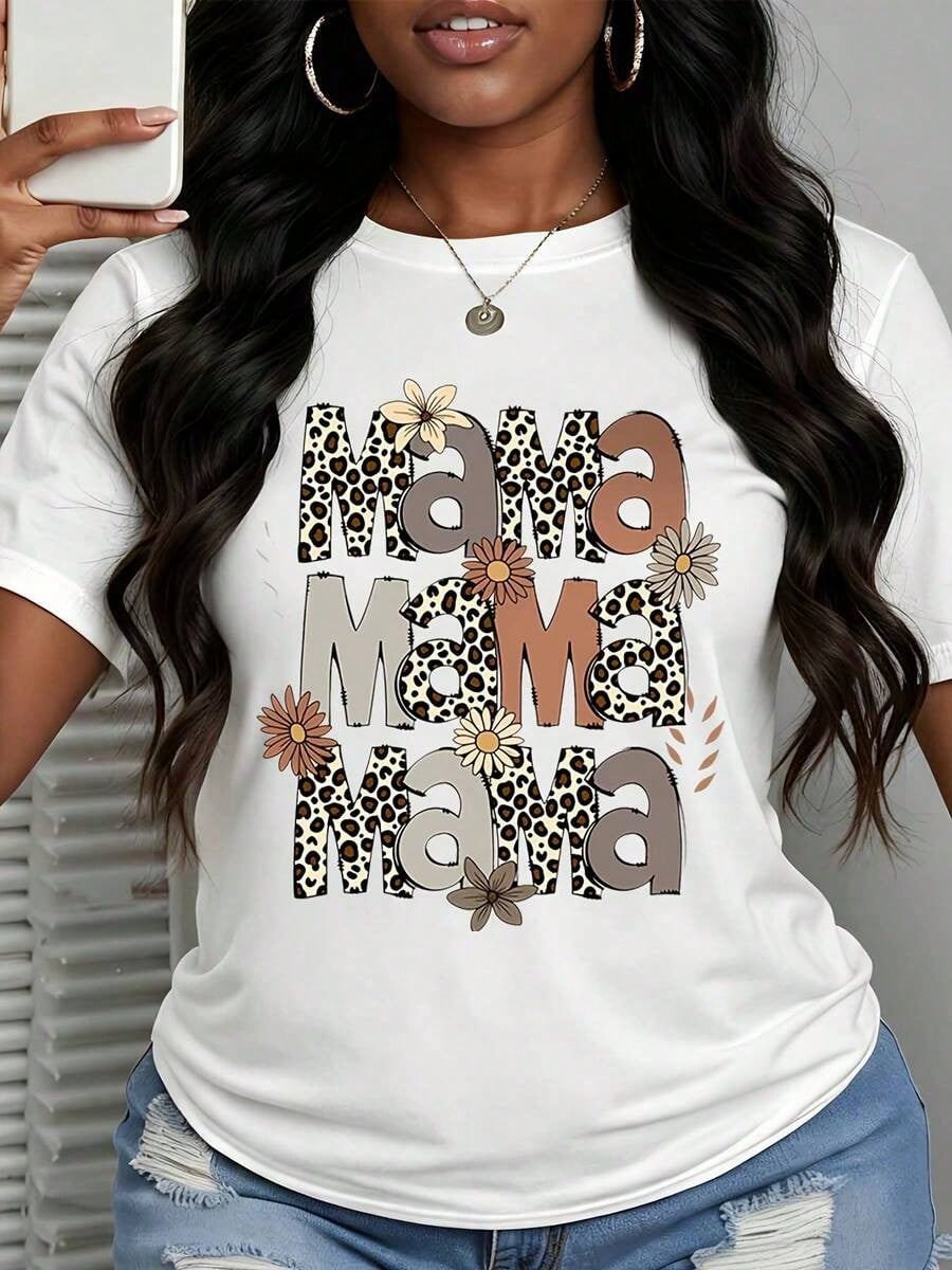 Womens Boho Mama Graphic Tee, Stacked Leopard Floral Mama Print Short Sleeve T-Shirt, Casual Mother's Day Top