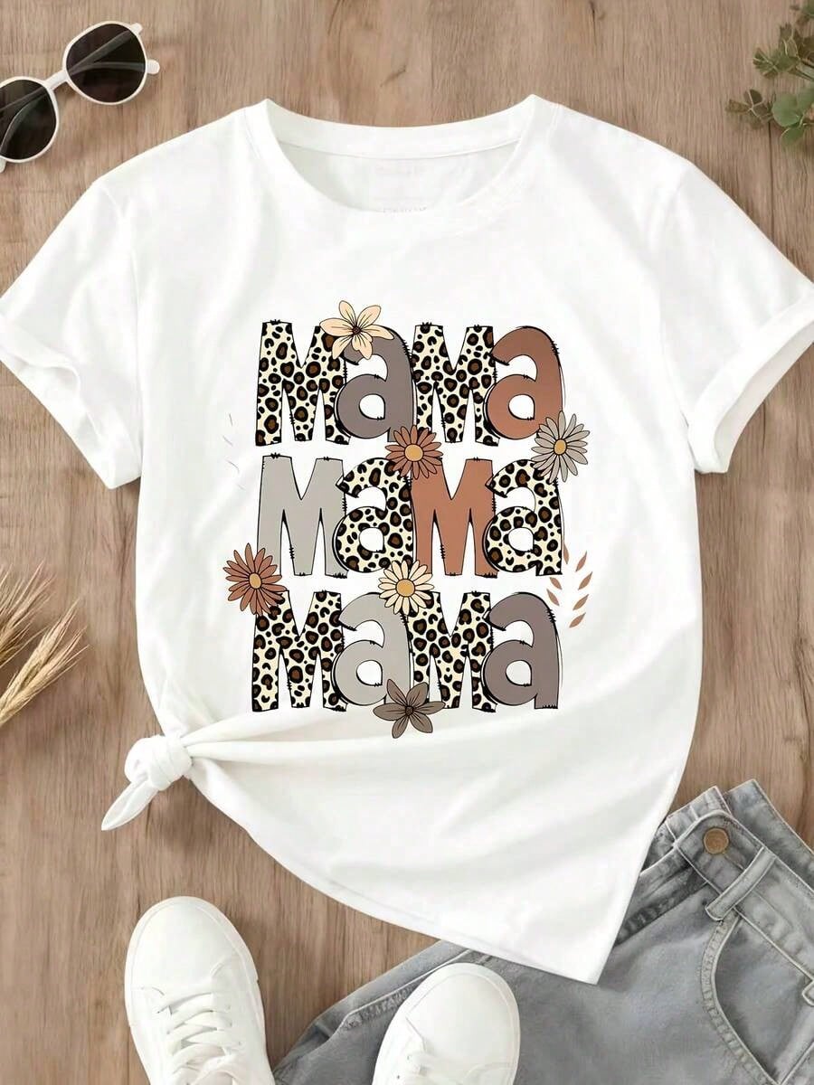Womens Boho Mama Graphic Tee, Stacked Leopard Floral Mama Print Short Sleeve T-Shirt, Casual Mother's Day Top