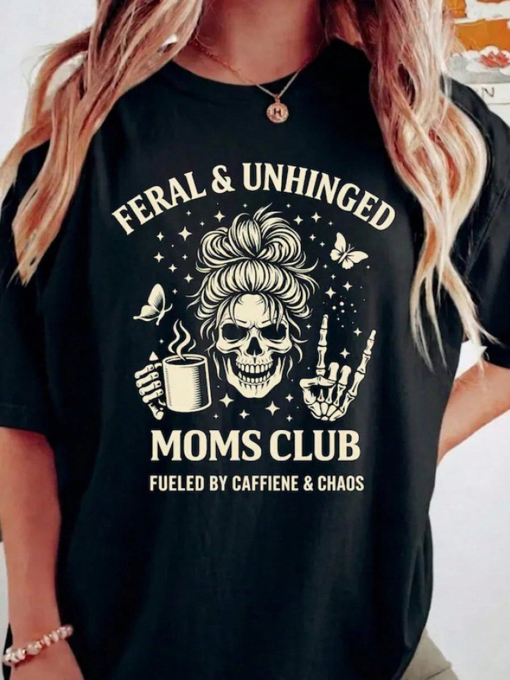 Unhinged Mom, Caffeine Chaos Tee, Skeleton Mom Gift, Gothic Messy Bun Shirt Mother's Day