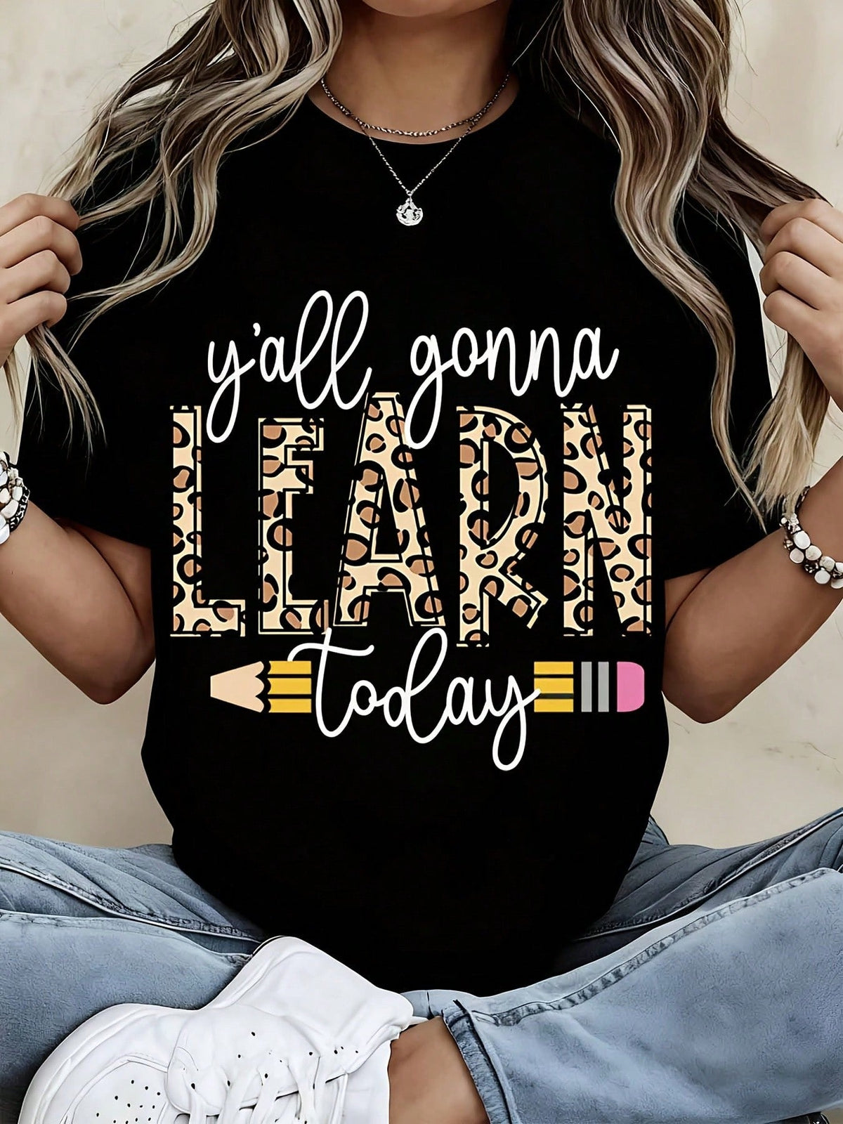Yall Gonna Learn Today Leopard Print Teacher Shirt Women Casual T-Shirt For School Teaching Gift Funny Slogan Top