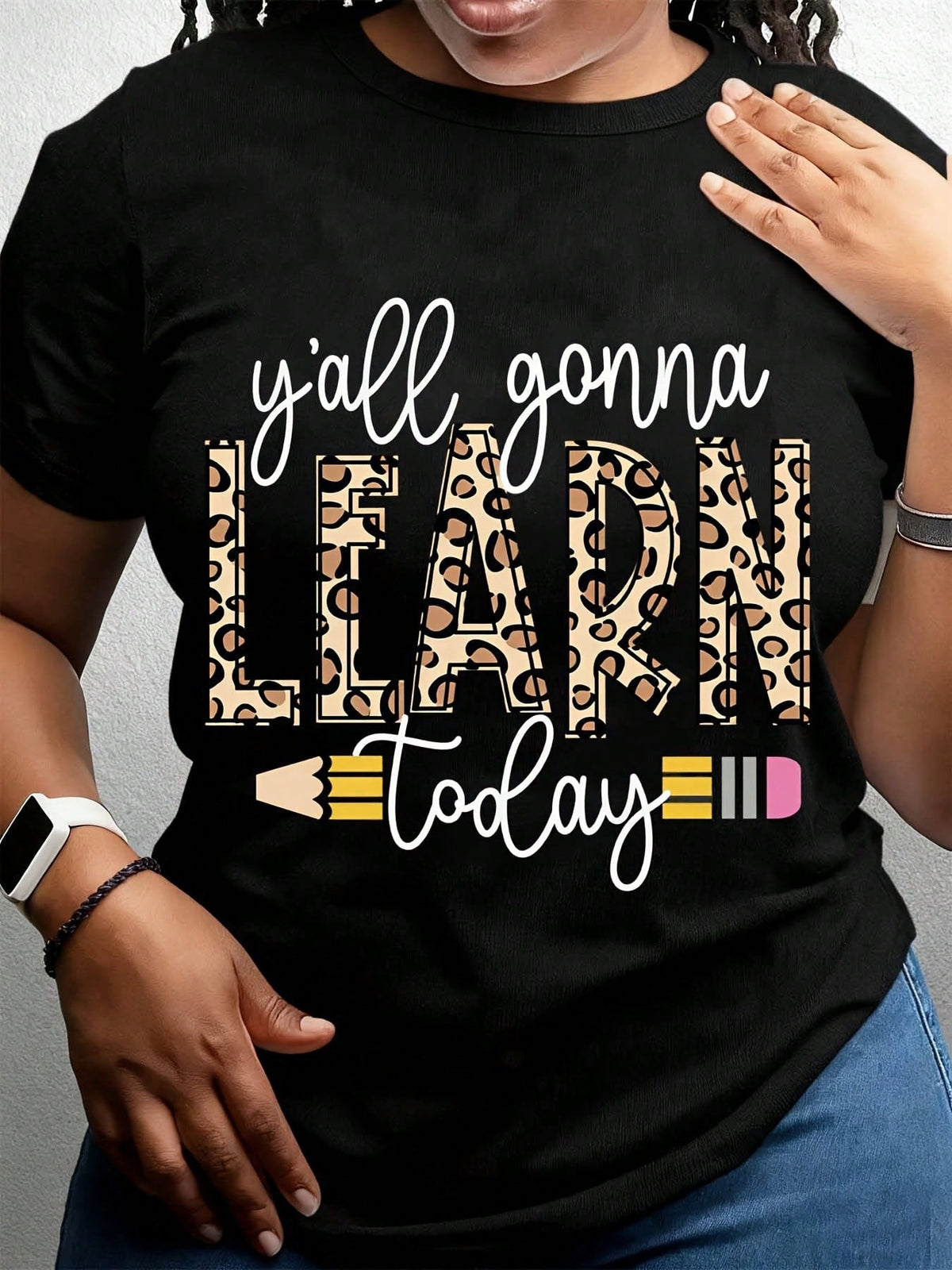 Yall Gonna Learn Today Leopard Print Teacher Shirt Women Casual T-Shirt For School Teaching Gift Funny Slogan Top