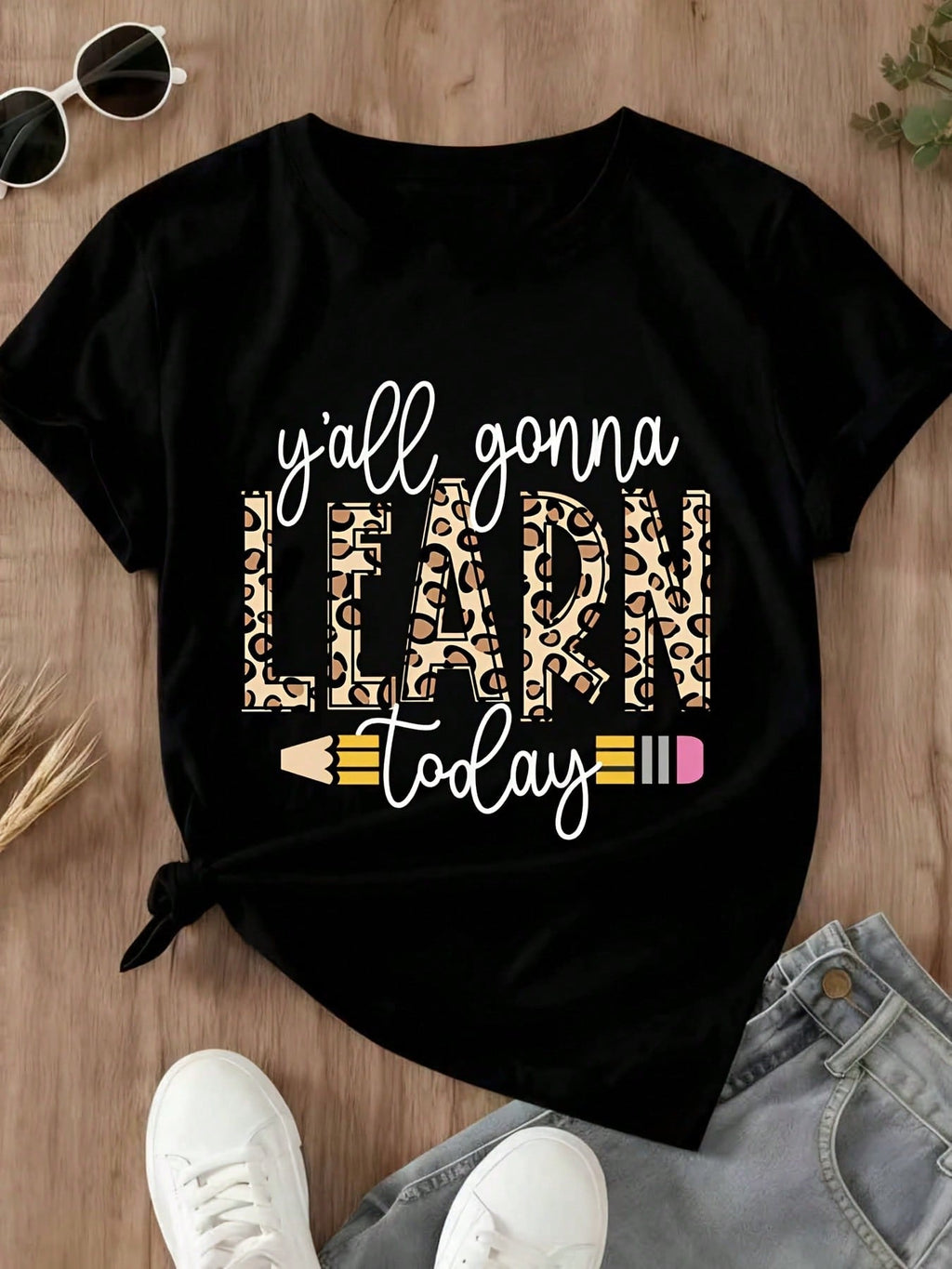 Yall Gonna Learn Today Leopard Print Teacher Shirt Women Casual T-Shirt For School Teaching Gift Funny Slogan Top