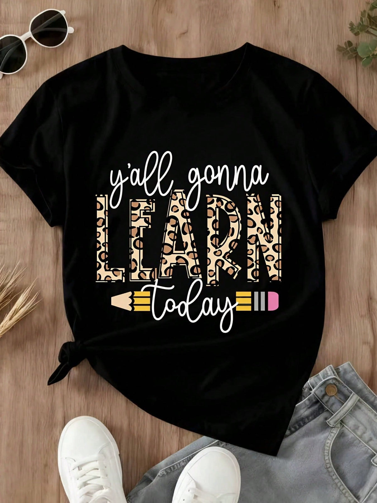 Yall Gonna Learn Today Leopard Print Teacher Shirt Women Casual T-Shirt For School Teaching Gift Funny Slogan Top