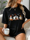 Halloween Ghost Pumpkin Cartoon Graphic Tees Women, Fall Maple Leaf Cute Print Black Top