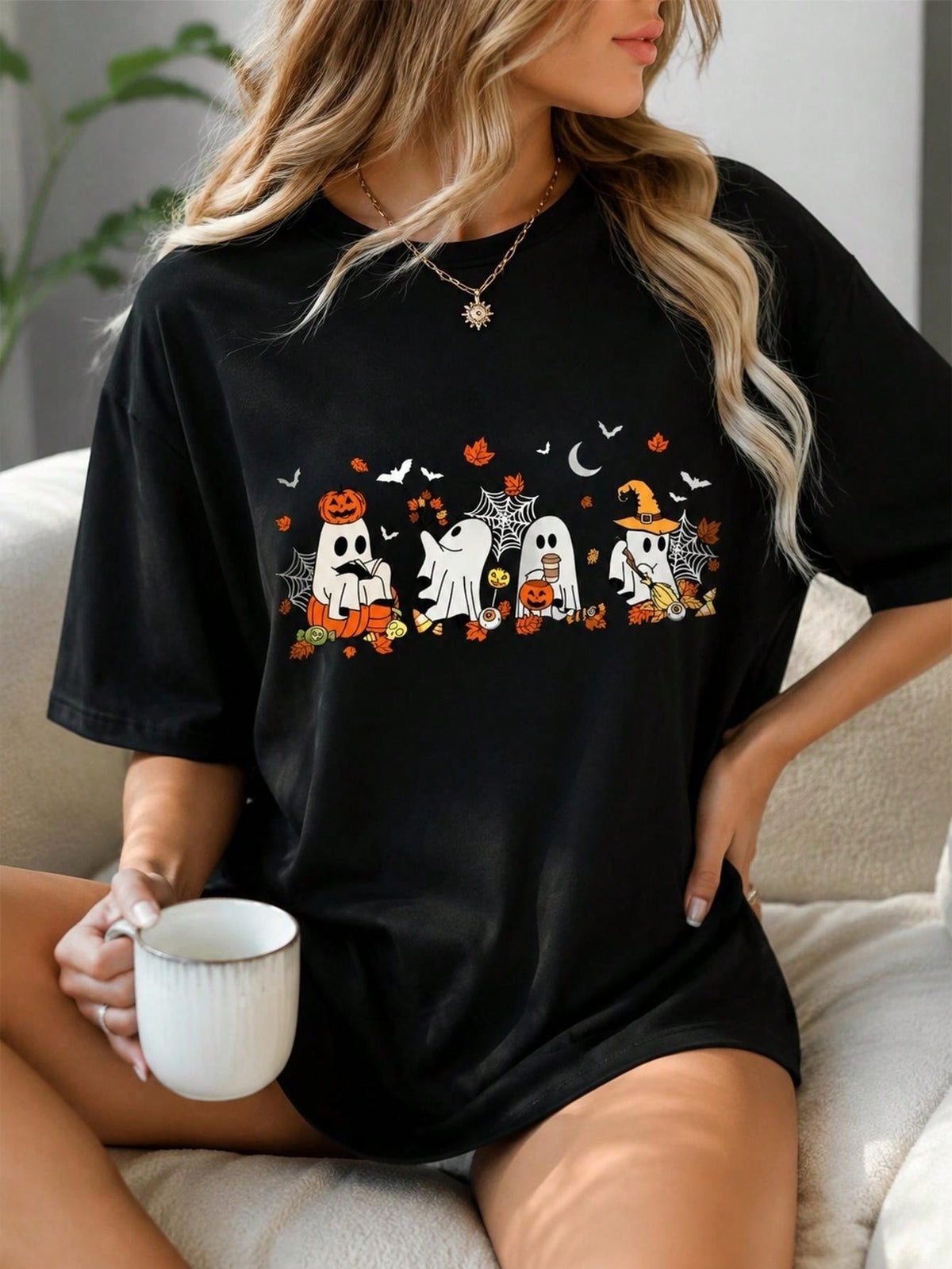 Halloween Ghost Pumpkin Cartoon Graphic Tees Women, Fall Maple Leaf Cute Print Black Top