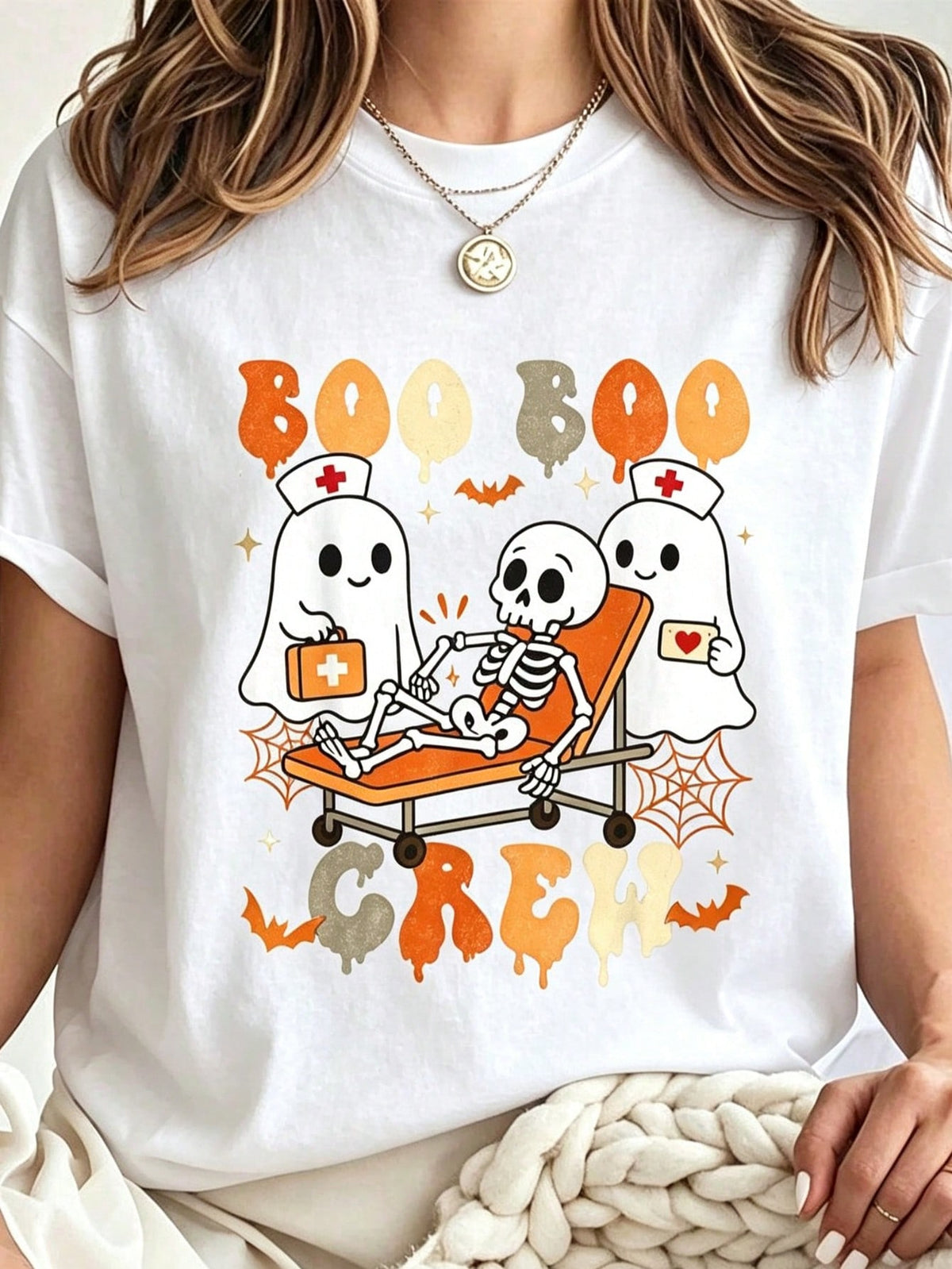 Womens Boo Boo Crew Halloween Nurse Graphic Tee, Ghost Skeleton Nursing Print Short Sleeve Casual T-Shirt for Nurse Party Outfit