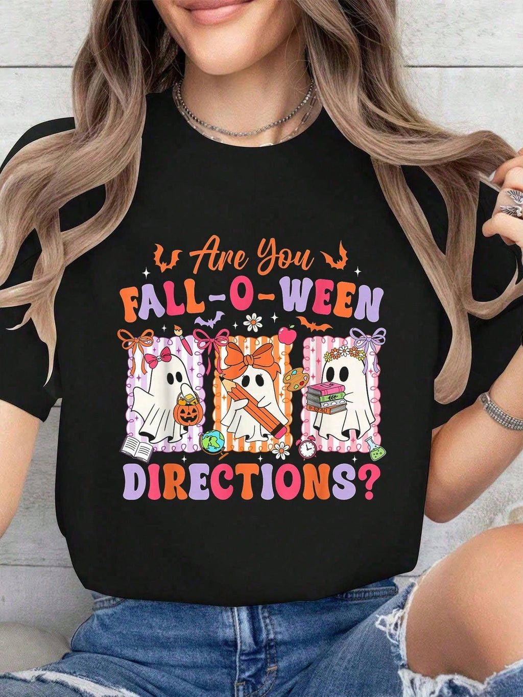 Halloween Are You FallOWeen Directions Funny Ghost Pumpkin Halloween TShirt Women'Casual Short Sleeve Crew Neck T-Shirts