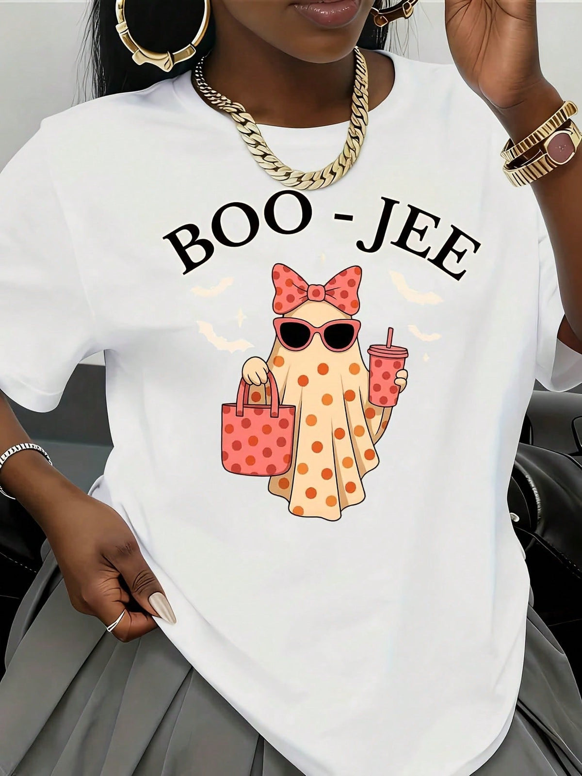 Women's T-Shirt, Boo-Jee Polka Dot Ghost With Sunglasses And Drink, Halloween Party Casual Wear, Girlfriend Best Friend Sister, 220g