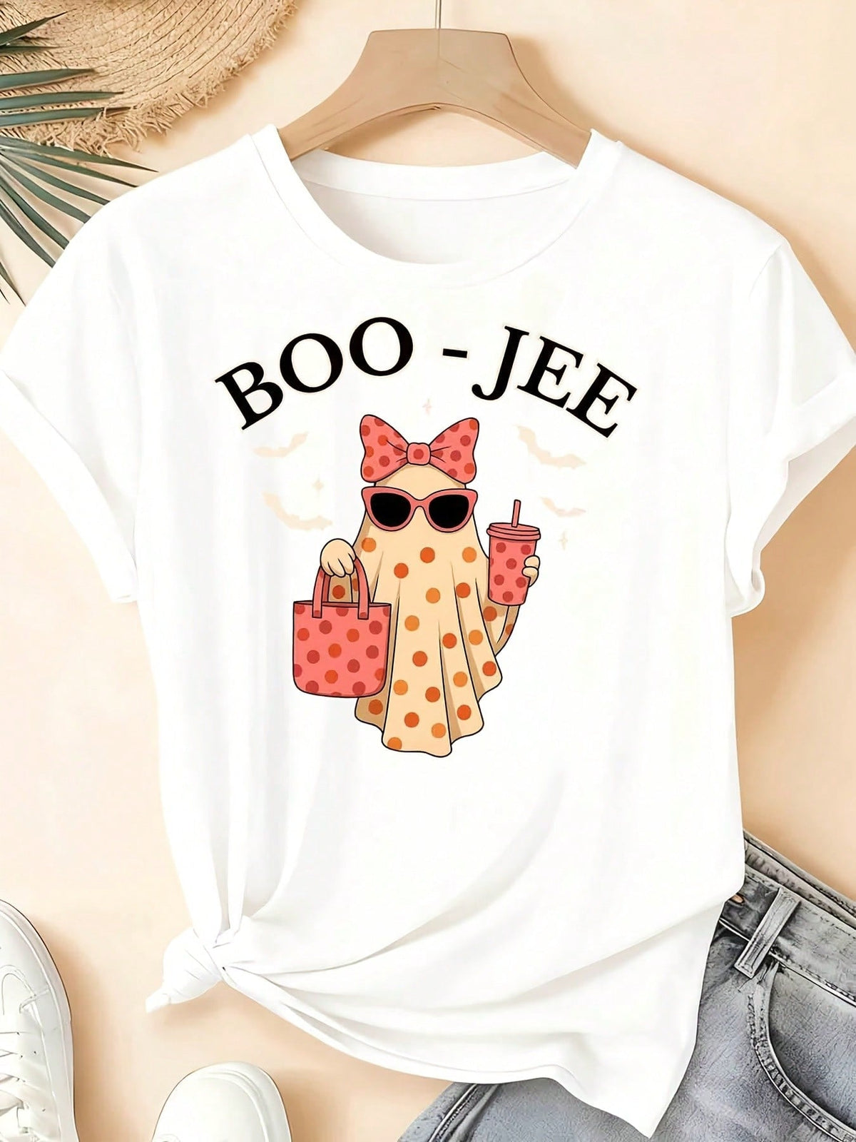 Women's T-Shirt, Boo-Jee Polka Dot Ghost With Sunglasses And Drink, Halloween Party Casual Wear, Girlfriend Best Friend Sister, 220g