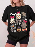 Womens Retro Halloween Coquette Graphic Tee, Leopard Ghost Pumpkin Bow Print Short Sleeve Oversized Casual T-Shirt