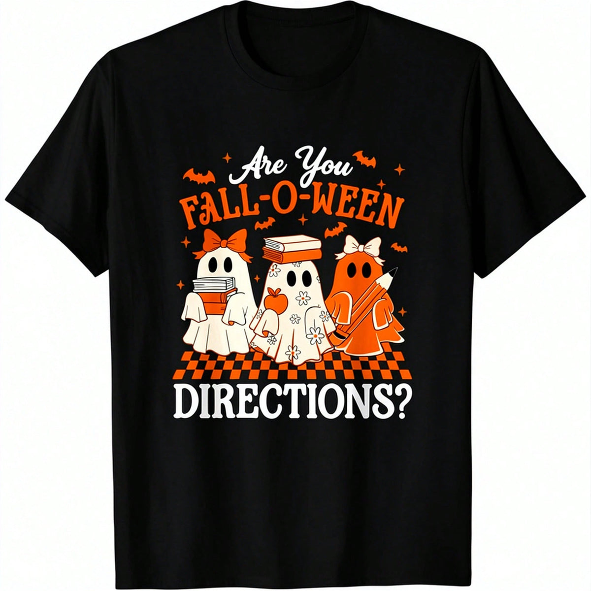 Women's Casual Crew Neck Short Sleeve Halloween Print T-Shirt, Are You Fall-O-Ween Directions Ghost Book Pumpkin Design