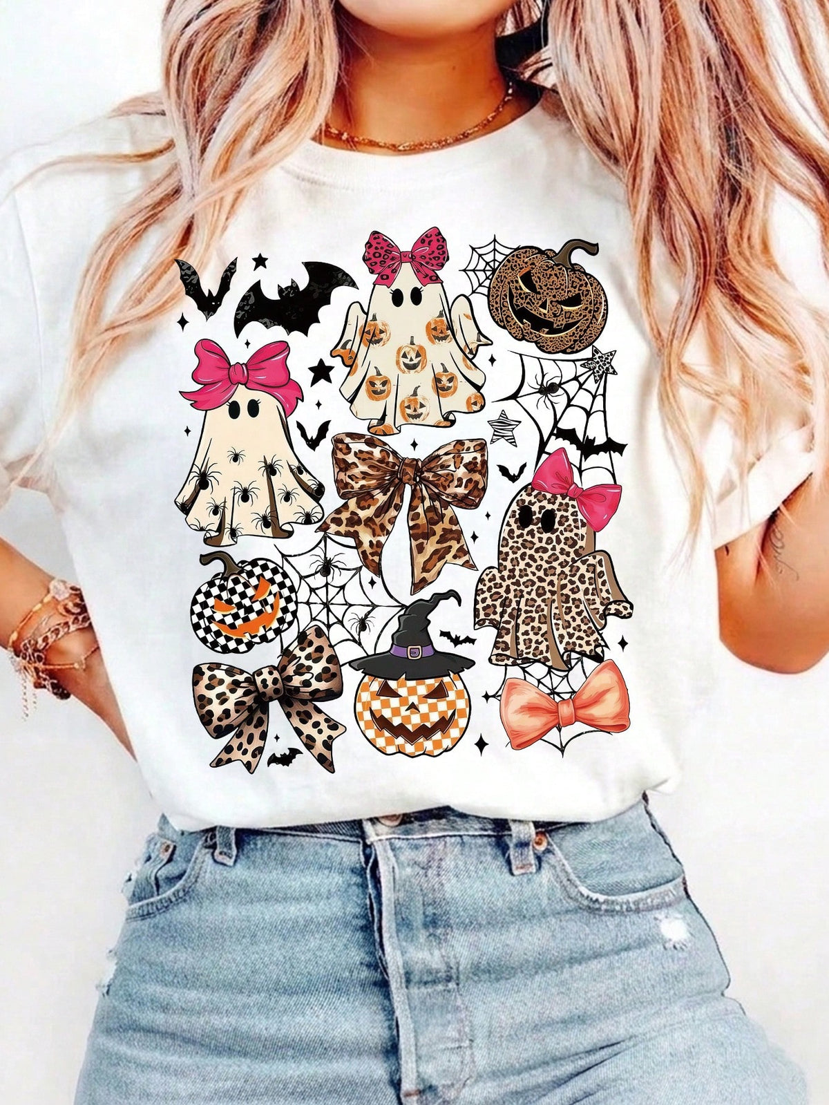 Womens Retro Halloween Coquette Graphic Tee, Leopard Ghost Pumpkin Bow Print Short Sleeve Oversized Casual T-Shirt