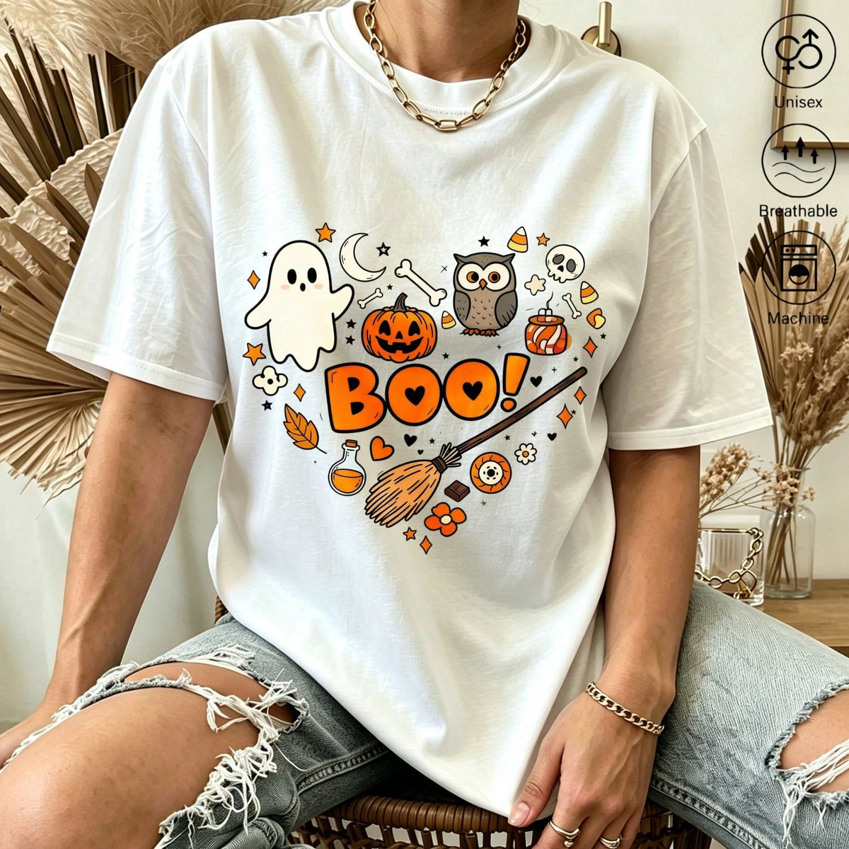 Casual Halloween Style, Unisex T-Shirt, Boo Ghost Pumpkin Owl Print, Autumn Festival Party Wear, Friends And Family Gift